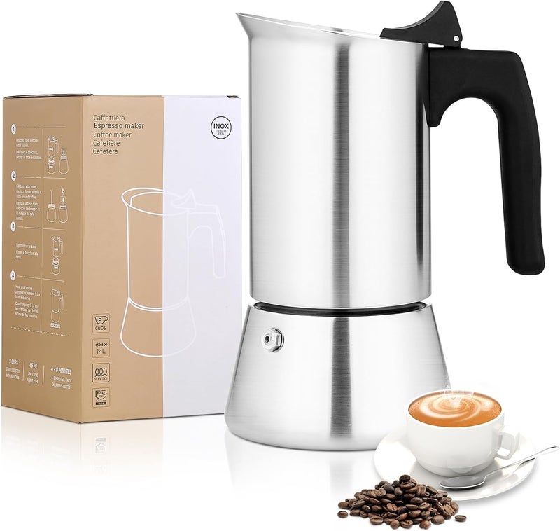 VONATES Stovetop Espresso Maker Stainless Steel Moka Pot, 6 cup Espresso Coffee Pots 300ml/10oz(Espresso Cup=50ml/1.7oz), Italian Coffee Maker for Induction Cookers Hobs, Cafe Maker for Camping Home - Image 1